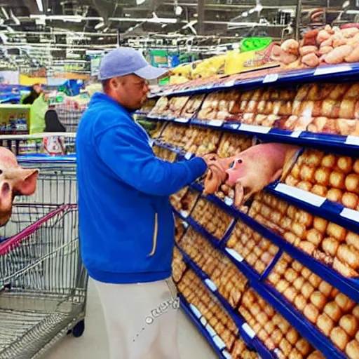 Image similar to photo of a pig shopping for sausages in WalMart