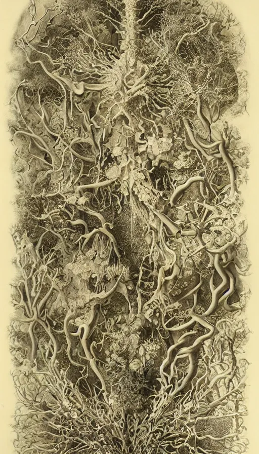 Image similar to life and death mixing together, by ernst haeckel