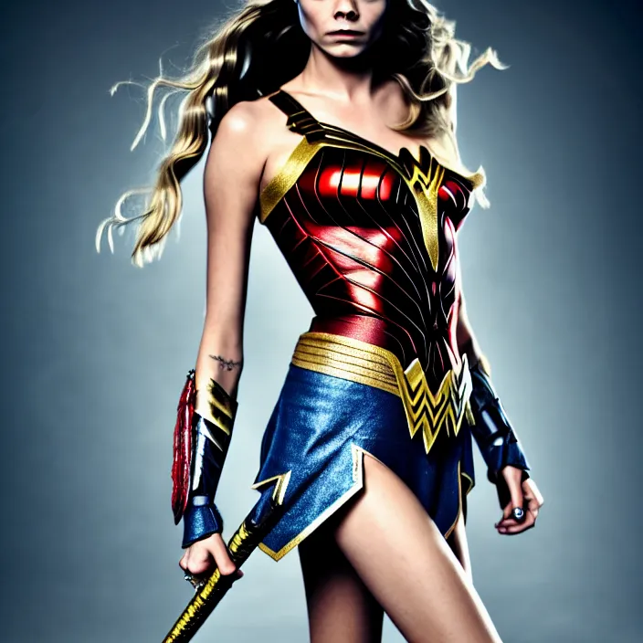 Prompt: professional full length photograph of cara delevingne as wonder woman. Extremely detailed. 8k