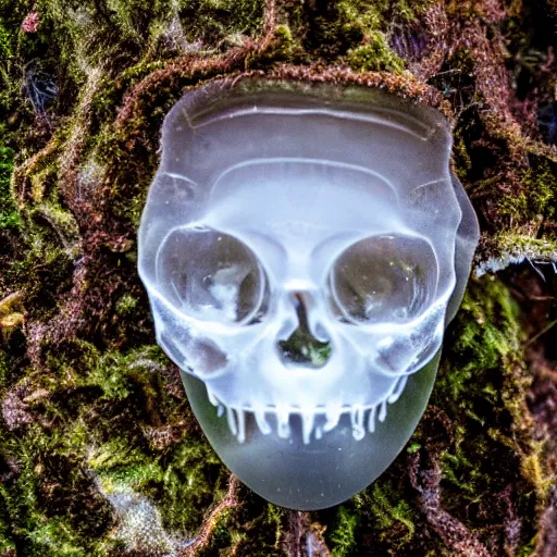 Image similar to mossy human jellyfish skull being reclaimed by nature, macro photography, 1:1 magnification, 15mm f/4