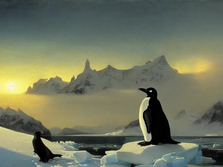 Image similar to an oil painting of a penguin next to a frozen ocean and a misty glacier at dusk. aurora. by tuomas korpi moebius and carl spitzweg. baroque elements. intricate artwork by caravaggio. oil painting. oil on canvas. award winning. dramatic. trending on artstation. 8 k