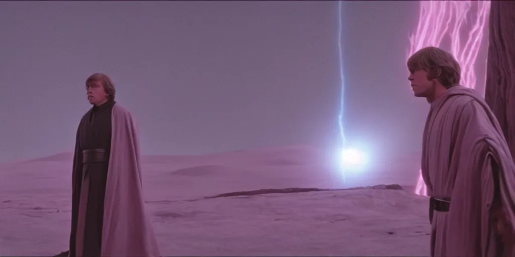 Image similar to screenshot of Luke Skywalker in dark jedi robe is lost on a surreal pink planet with black trees, minamilist 1970s sci fi film by Stanely Kubrick film, color kodak, Ektachrome, anamorphic lenses, detailed faces, hyper-realistic, photoreal, detailed portrait, moody award winning cinematography, beautiful lighting