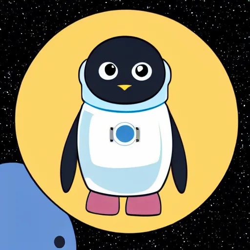 Image similar to cute astronaut penguin with helmet on, floating on space, minimalist cartoon style