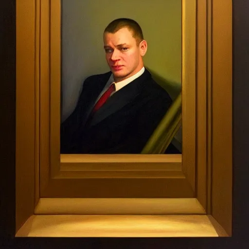 Image similar to high quality oil painting portrait of Richard Durbin by Edward Hopper, dark background, high fantasy, perfect lighting