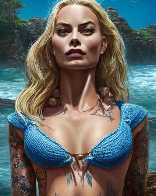 Prompt: tattooed margot robbie portrait posing in a crochet bikini in front of atlantis, highly detailed realistic face, highly detailed eyes, fantasy art, in the style of greg rutkowski, illustration, epic, fantasy, intricate, hyper detailed, artstation, concept art, smooth, sharp focus, ray tracing, vibrant,