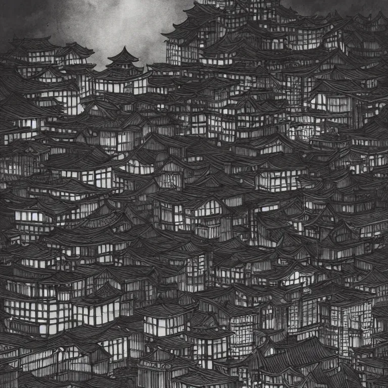 Image similar to a beautiful ink painting of buildings in japanese traditional style, in the style of hiroshi yoshida, at night, light effect, detailed, high - definition, exquisite isolated very detailed, moody lighting, 8 k highly detailed, trending on artstation