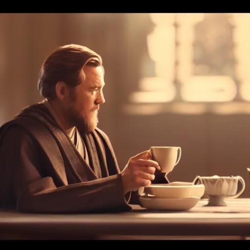 Image similar to Obi Wan sits at a table with Darth Vader and Drinks tea. Screenshot from Movie, Movie Still, 8k, High Resolution, Highly Detailed