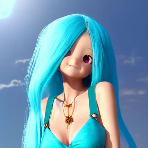 Prompt: Render of a very beautiful 3d anime girl, long sky blue hair, jewelry eyes, cute freckles, full round face, short smile, cute teal sundress, golden hour, serene beach setting, cinematic lightning, medium shot, mid-shot, very very highly detailed, trending on Artstation, Unreal Engine 4k