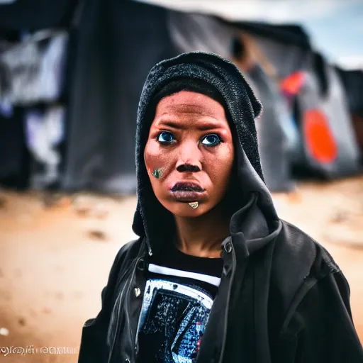 Prompt: photographic portrait of a poor streetwear woman in distress, a futuristic shanty town burns in the background, closeup, sigma 85mm f/1.4, 4k, depth of field, high resolution, 4k, 8k, hd, full color