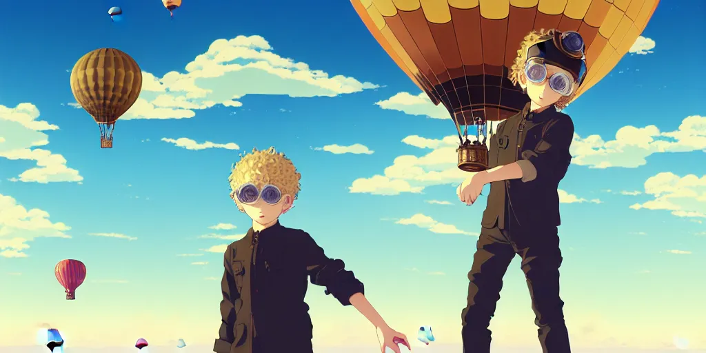 Prompt: 3 d portrait of a boy with light blond curly hair with an aviator helmet and goggles standing at the helm of a multidimensional steampunk hot air balloon by ilya kuvshinov, cloudy sky background lush landscape ln illustration concept art anime key visual trending pixiv by victo ngai fanbox by greg rutkowski makoto shinkai takashi takeuchi studio ghibli