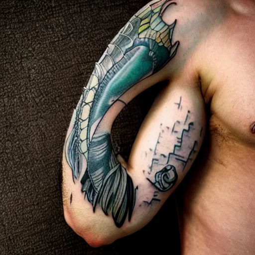 Image similar to tattoo on a man's arm of a dolphin dragon hybrid, hdr studio photography