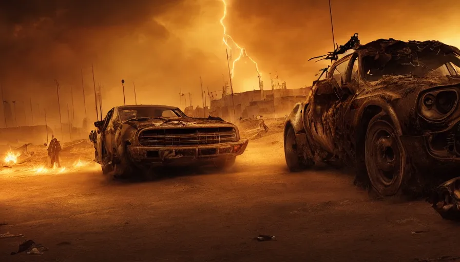 Image similar to destroyed brussels in mad max, race in the streets, sandstorm, lightning, hyperdetailed, artstation, cgsociety, 8 k