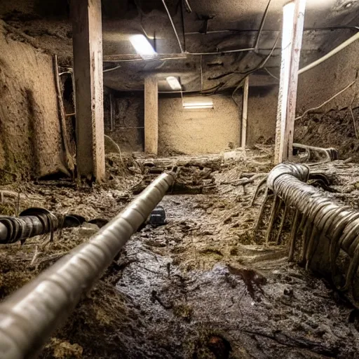 Prompt: deep underground bunker, flooded, dirty water, dense rusty pipes network, dense cables network, mold