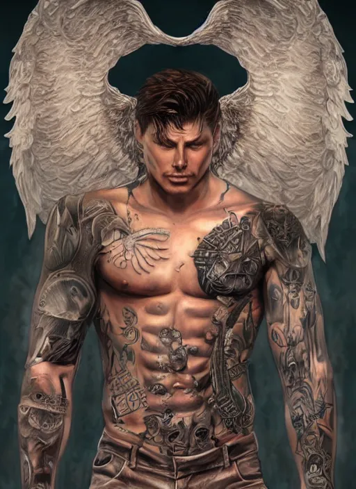 Image similar to Portrait of Dean Winchester as an angel warrior , angelical runes tattoed all over his body, intricate body, whole body, highly detailed, digital painting, artstation, concept art, smooth, sharp focus, illustration, art by Hajime Sorayama