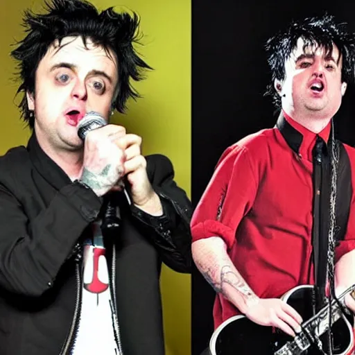 Prompt: Billie Joe from Green Day is singing into a pickle instead of a microphone, tabloid photo