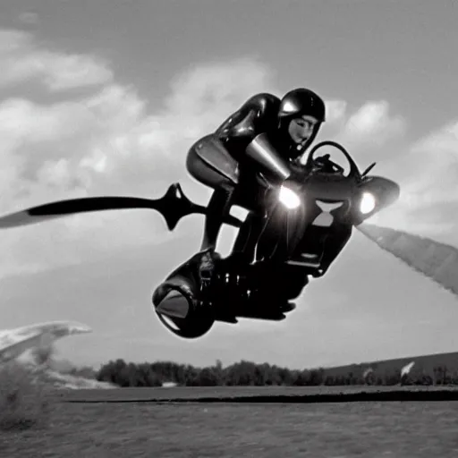 Image similar to jet-powered hoverbike, movie still, speed, cinematic Eastman 5384 film