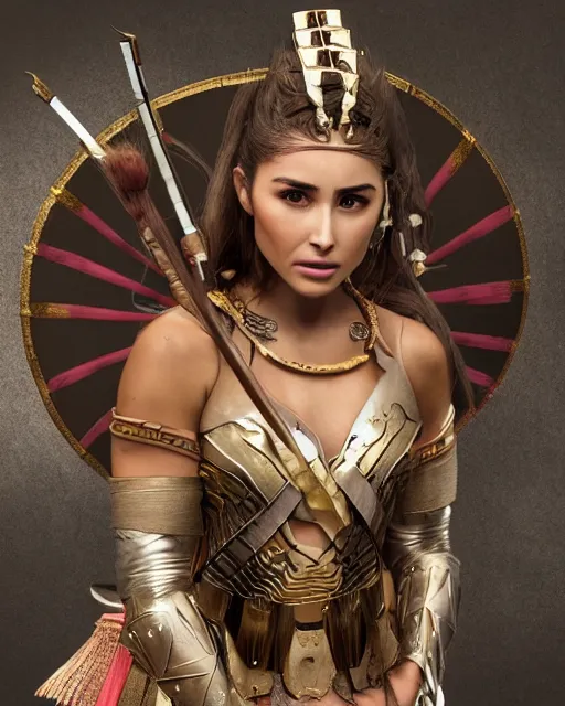 Prompt: movie still of Olivia Culpo as a warrior princess in feudal japan, clear makeup, clean hair, dry skin, clear skin, airbrushed, bright eye makeup, warrior body, photo by mario testino, 8k octane render, cinematic, hyper detailed, micro details, insanely detailed, trending on artstation, concept art, Peter Paul Rubens and Peter Mohrbacher style