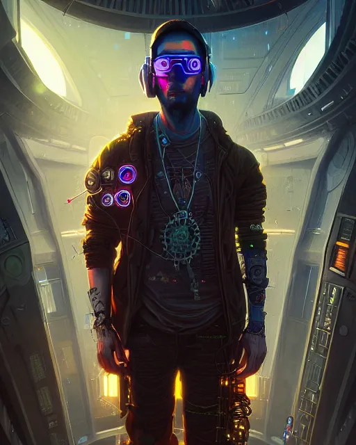 Image similar to a highly detailed portrait of a cyberpunk hacker, steampunk stargate by greg rutkowski and android jones in a surreal portrait style, oil on canvas, ancient cyberpunk 8k resolution, masterpiece