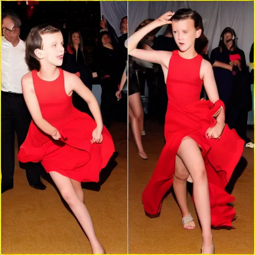 Image similar to Millie bobby brown dancing in a red dress