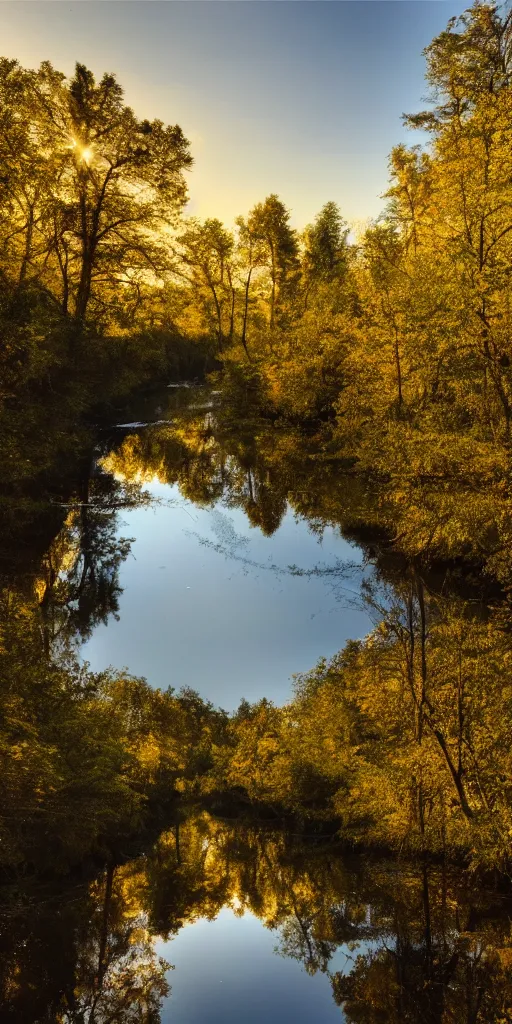 Prompt: river in a forest, golden hour, ray tracing reflection, 8k, hyper realistic, insainly detailed, hdr, octan render