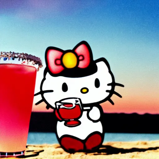 Prompt: hello kitty drinking a margarita on the beach, film still, sunset, dramatic lighting