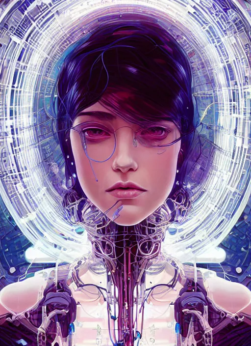 Prompt: beautiful woman, portrait, made of shapes, wires, tubes, veins, jellyfish, white bio - mechanical details, bionic cyborg implants, augments, masterpiece, intricate, biopunk, dramatic lightning, cyberpunk, by loish and makoto shinkai and lois van baarle and ilya kuvshinov and tom bagshaw and alphonse mucha