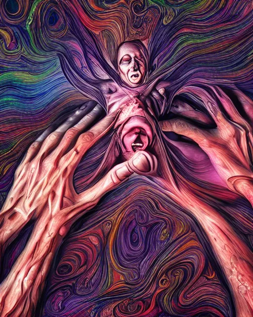 Prompt: realistic scene of a creation of human body, psychedelic, dark art, facing camera, photo realistic, detailed, 1 4 5 0, delicate, hyper realism, ultra realistic, 8 k