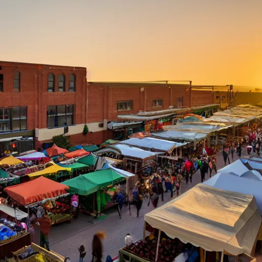 Image similar to film still, establishing shot of bustling farmers market, golden hour, high angle