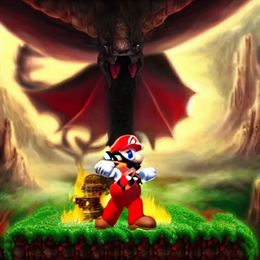 Prompt: Super Mario riding a flying black dragon roaring fire, high fantasy, hundreds of red and white spotted Mushrooms in background 4k, landscape, in the style of John Howe
