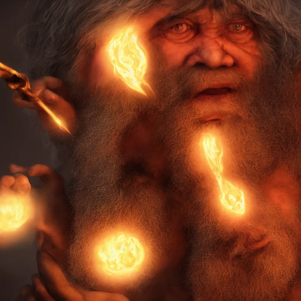 Prompt: Photorealistic cinematic close-up portrait of one angry dwarf wizard casting a fireball spell, by Larry Elmore and Steven Belledin . Magical occult photorealism, UHD, amazing depth, glowing, golden ratio, 3D octane cycle unreal engine 5, volumetric lighting, cinematic lighting, cgstation artstation concept art