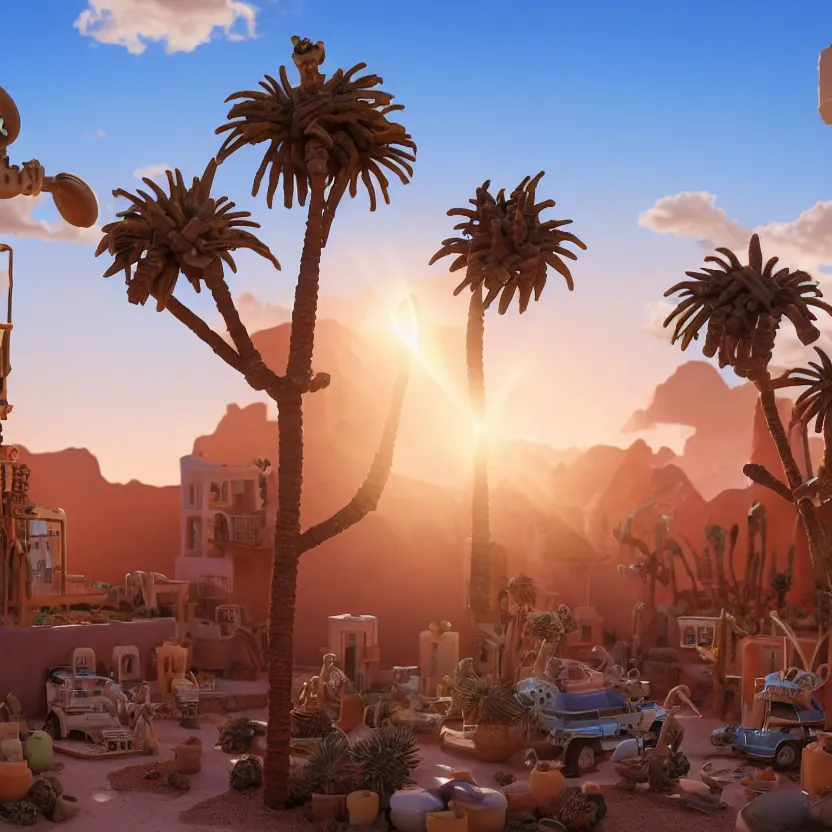 Prompt: photorealistic desert town. sunset. steampunk skeleton. palm trees. clay. clay pots. blue water. pastel clouds. lens flare. 8K. detailed. photorealism. artstation. 25mm f/1.7 ASPH Lens. ultra realistic