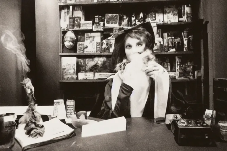 Image similar to polaroid 1 9 8 0's photo, close up portrait, dramatic lighting, concentration, calm confident teen witch and her cat with tarot card on the table in front of her, incense smoke fills the air, a witch hat and cape, apothecary shelves in the background, still from harry potter