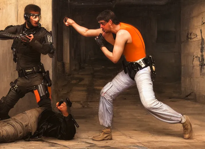 Prompt: Maria defeats sgt Nash. Cyberpunk hacker in orange jumpsuit fighting menacing police troopers (blade runner 2049). beautiful face. Orientalist portrait by john william waterhouse and James Gurney and Theodore Ralli and Nasreddine Dinet, oil on canvas. Cinematic, hyper realism, realistic proportions, dramatic lighting, high detail 4k