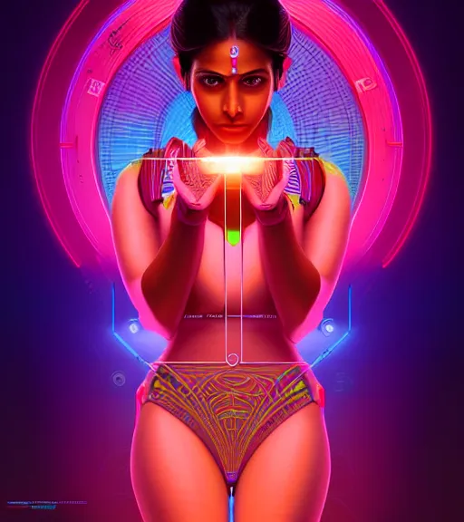 Image similar to symmetry!! indian princess of technology, solid cube of light, hard edges, product render retro - futuristic poster scifi, lasers and neon circuits, brown skin gorgeous indian princess, intricate, elegant, highly detailed, digital painting, artstation, concept art, smooth, sharp focus, illustration, dreamlike, art by artgerm