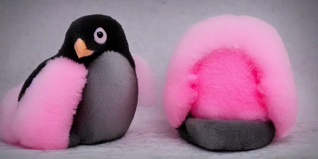 Prompt: realistic penguin sitting in a pink fluffy bed