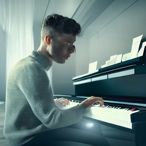 Image similar to a cyborg playing the piano in a futuristic apartment, award winning art, 4k, highly detailed, sharp focus, cinematic lighting, smooth