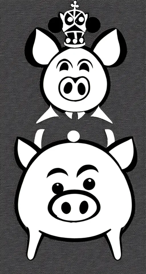 Image similar to cute cartoon pig wearing a crown, disney, early black and white cartoon animation, masterpiece, 8k