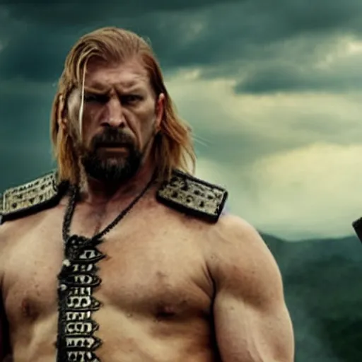 Image similar to an film still of triple h as samurai, cinematic, dramatic action