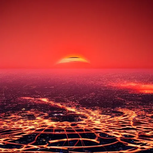 Image similar to an endless city. birds # # a red sun solar eclipse on the horizon., it goes in forever, dreamscape masterpiece., highly detailed.. 8 k.