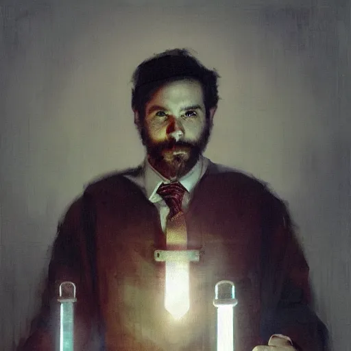 Image similar to fox foxman wearing a doctor outfit holding glowing test tubes by ruan jia, portrait