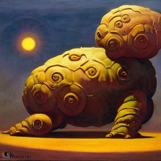 Prompt: an oil painting of a giant tardigrade kaiju retro vintage painted by frank frazetta, james gurney, nicholas roerich