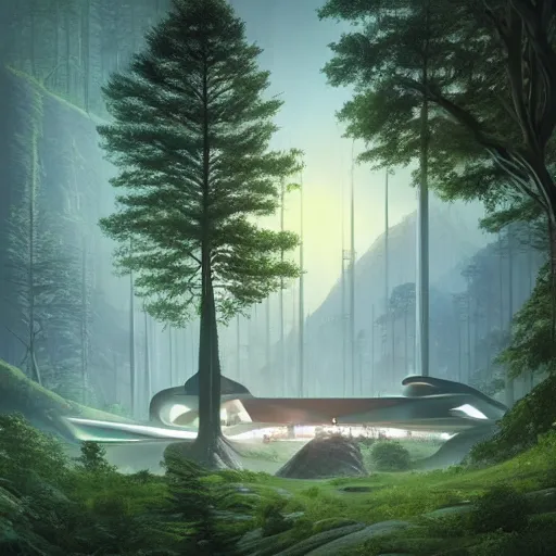 Prompt: futuristic temple between green hills with big trees, monks, shooting stars, dramatic lighting, artstation, matte painting, raphael lacoste, simon stalenhag, frank lloyd wright, zaha hadid