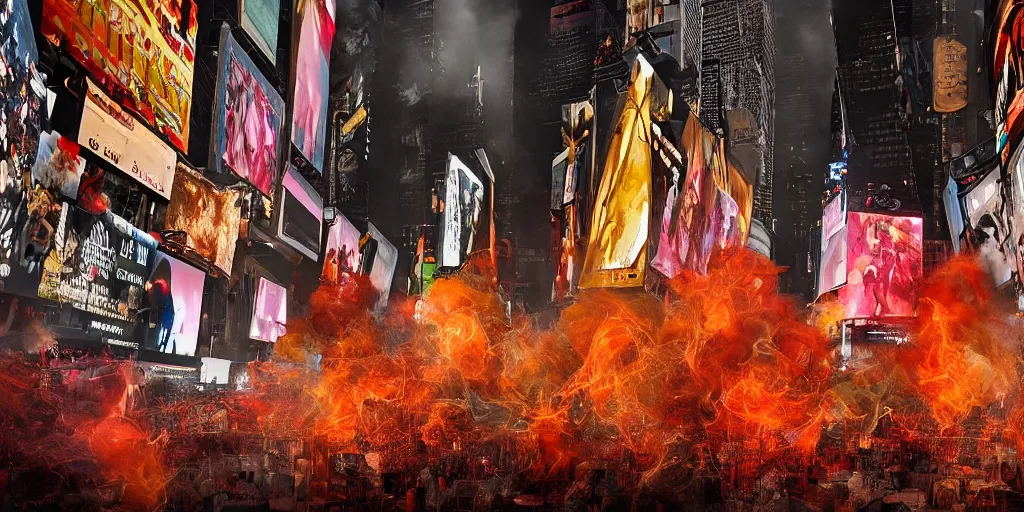 Image similar to 'Deamons unleashed in Times Square' by István Sándorfi royally decorated, whirling smoke, embers, gold encrustations , gilt silk torn fabric, radiant colors, fantasy, perfect lighting, studio lit, volumetric lighting, micro details, 3d sculpture,