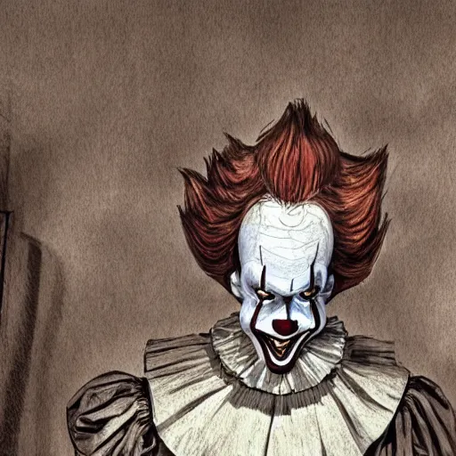 Image similar to pennywise at the witness stand in court. full body. court sketch. intricate. 8 k. highly professionally detailed. hdr. cgsociety