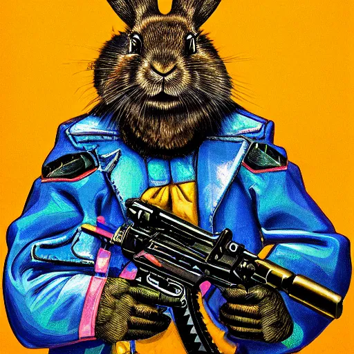 Image similar to portrait of rabbit with UV neon fur holding a machine gun , 8k, highly detailed, sharp, realistic, in style of Brom