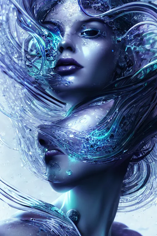 Prompt: a profile photo real render of an alluring futuristic goddess with digital modifications surrounded by a underwater ink pour and flowing liquid gallium and complex sacred geometry, perfect body and face, powerful, cinematic, beautifully lit, by artgerm, by karol bak, 3 d, trending on artstation, octane render, 8 k