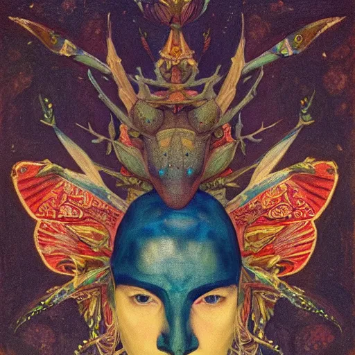 Prompt: the moth crown, by Annie Swynnerton and Nicholas Roerich, bioluminescent skin, tattoos, elaborate costume, geometric ornament, symbolist, smooth, sharp focus, extremely detailed, octane render