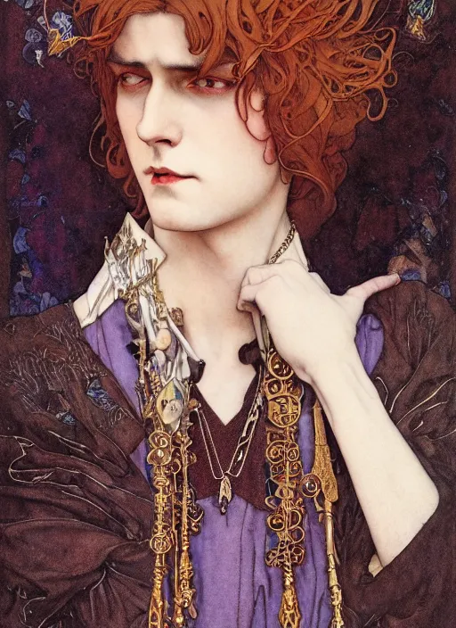 Image similar to edmund dulac, leyendecker, highly detailed portrait, a beautiful androgynous sebastian michaelis, long hair, tall and thin, wearing several pendants, art nouveau, stephen bliss, unreal engine, by greg rutkowski, loish, ferdinand knab, ilya kuvshinov, rossdraws, tom bagshaw, alphonse mucha, global illumination, radiant light