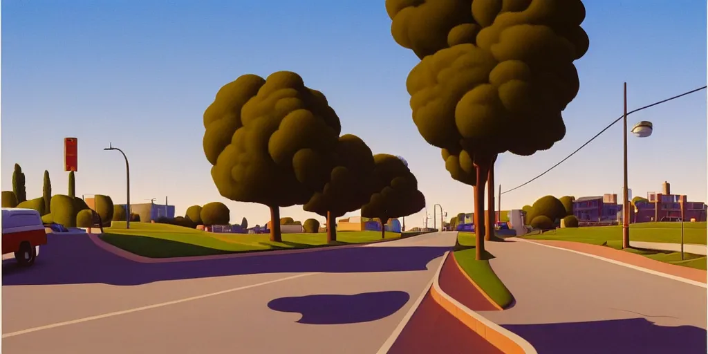 Prompt: a california street, blue sky, summer evening, kenton nelson