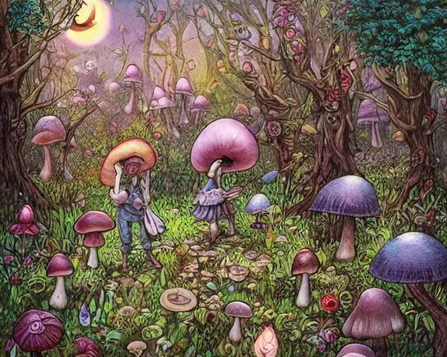 Image similar to a benevolent good fairy versus evil dark fairy fight amongst mushroom forest, whimsical, secret garden, flowers, mushroom forest by Daniel Merriam and Dan Mumford